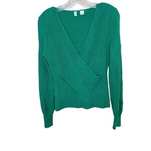 Anthropologie Moth Liza Womens Size Small V-Neck Green Faux Wrap Sweater